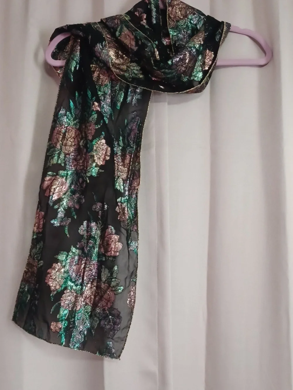 Black Metallic Floral Rosette Scarf Green Pink Gold 60×10